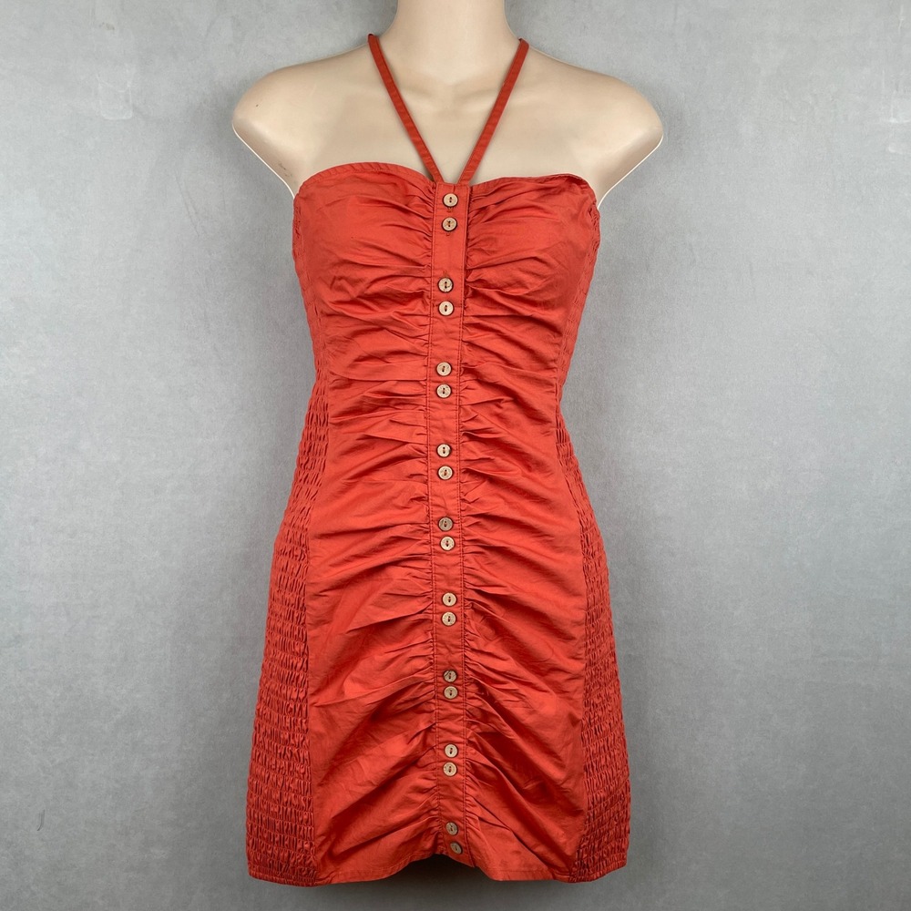 Free People Burnt Orange Ruched Smocked Halter Mini Dress Boho Coastal Summer